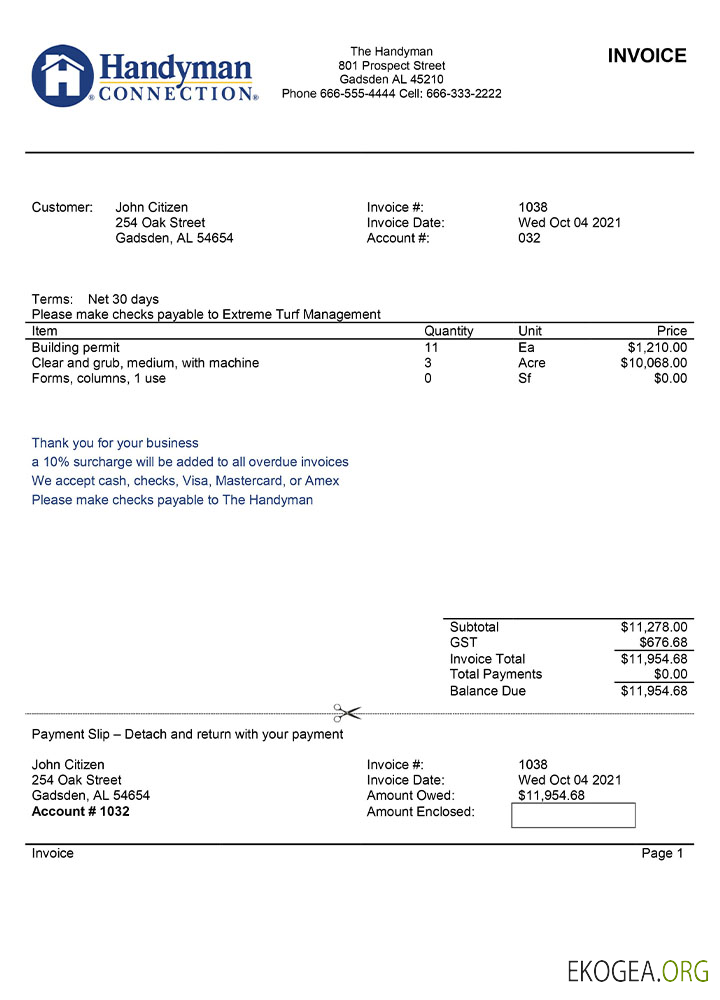 Modèle de facture USA Handyman Home Service Company